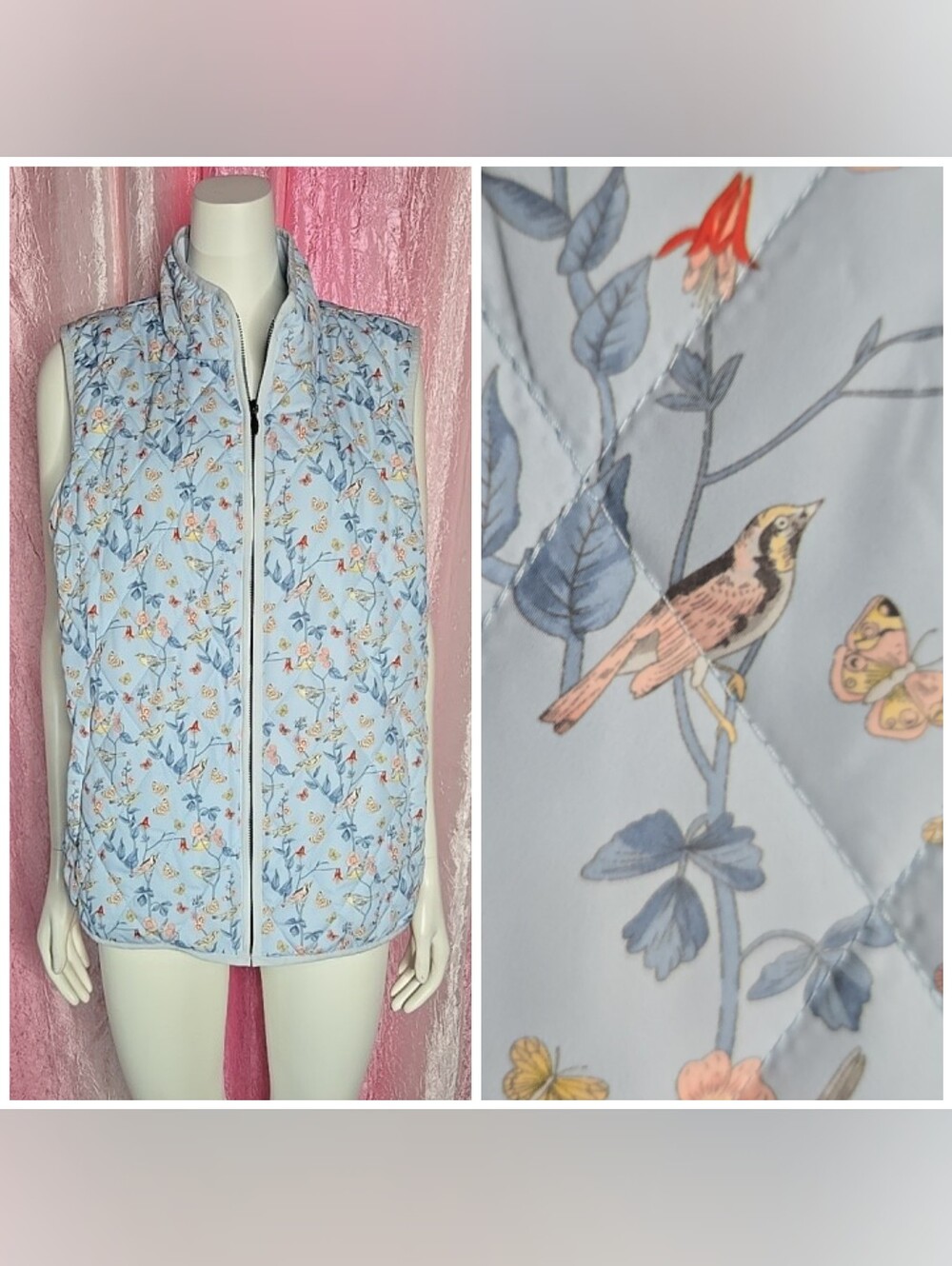 Coldwater Creek Blue Floral Bird Quilt Zip Up Lightweight Vest Size Large